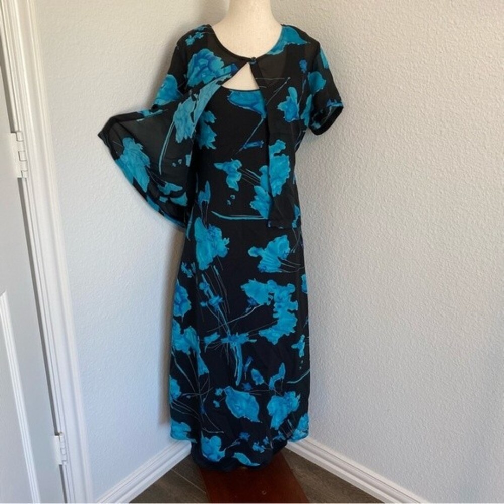 Premier International Maxi Dress & Jacket Blue Blk Floral Sexy Lightweight SZ M